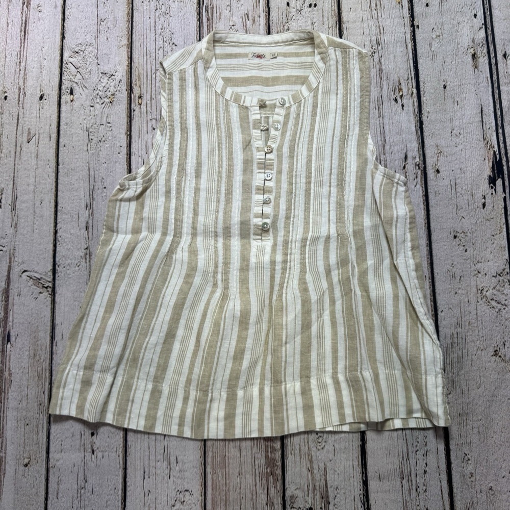 Faherty Isha Linen Pintuck Pleat Beige Striped Tank Top Coastal Beach Women's S